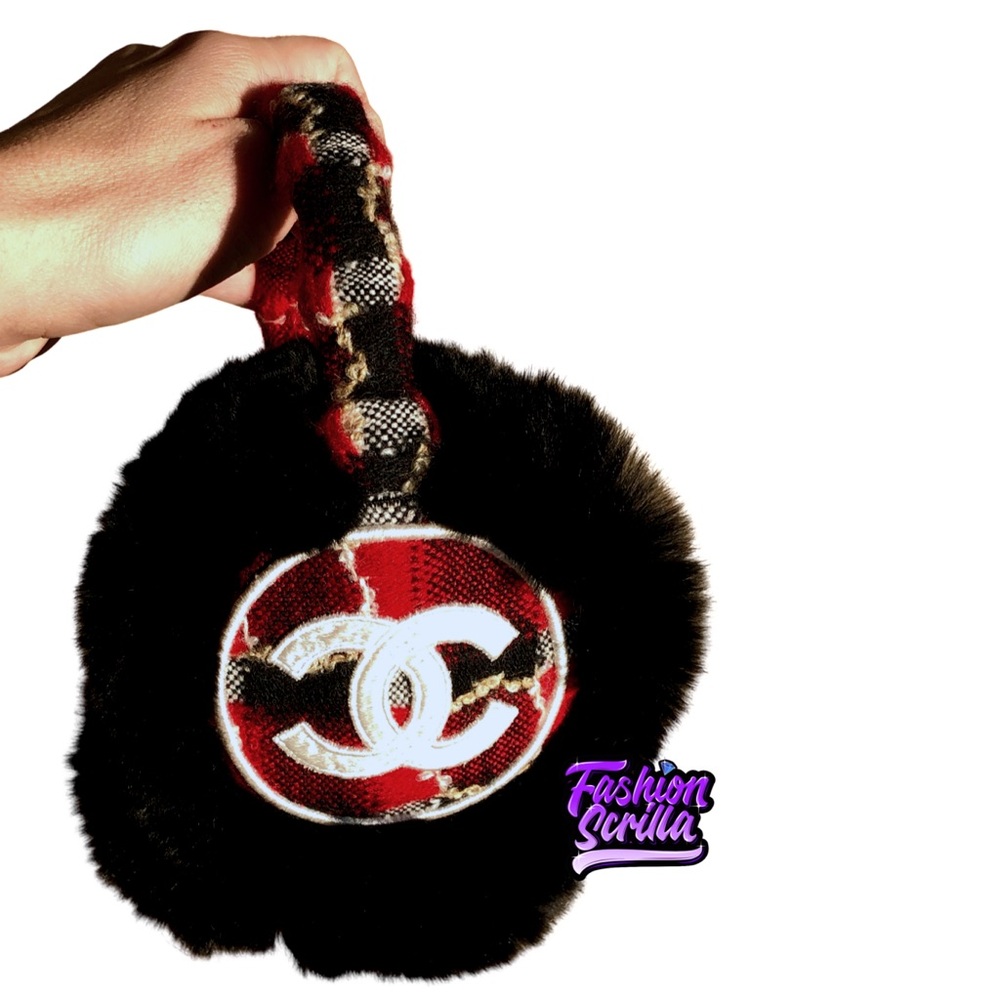 Chanel Couture Black Orylag Fur Red Gray & White Tweed Earmuffs - Picture 13 of 14